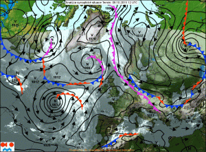 La mappa sinottica mette in evidenza i resti di "Joaquin" sull'Atlantico ormai evoluti in una classica depressione extratropicale
