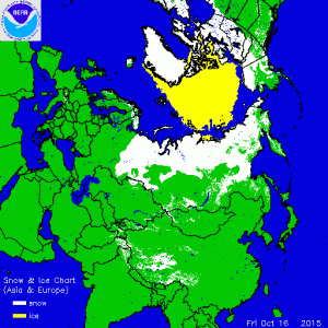 La mappa mette in evidenza l'estensione del manto nevoso (neve fresca) su gran parte del comparto siberiano, con una notevole estensione delle aree sottoposte all'effetto "Albedo" (credit NOAA)