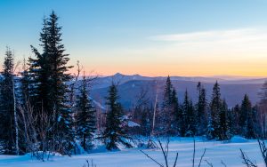Winter evening in the Ural mountains. Russia