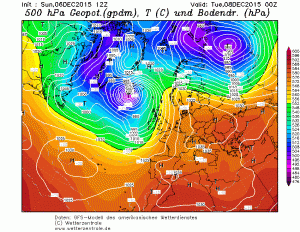 Si nota il profondissimo minimo sui 960 hpa contrapporsi all'anticiclone mediterraneo
