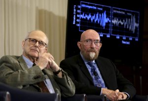 Dr. Rainer Weiss, emeritus professor of physics at MIT, (L) and Dr. Kip Thorne of Caltech (R) listen during a news conference to discuss the detection of gravitational waves, ripples in space and time hypothesized by physicist Albert Einstein a century ago, in Washington February 11, 2016. The waves were detected by twin Laser Interferometer Gravitational-wave detectors (LIGO) in Louisiana and Washington states in September 2015.    REUTERS/Gary Cameron