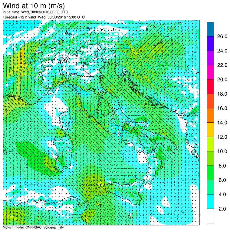 I venti previsti per oggi pomeriggio (ore 17) in Italia