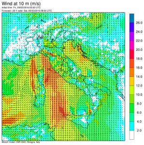 I venti previsti per le 10:00 di sabato