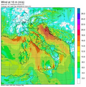 I venti previsti per le 16:00 di sabato
