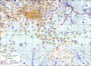 La situazione sinottica sull'Asia meridionale, si nota l'invadenza dell'anticiclone sub-tropicale nel sud della Cina