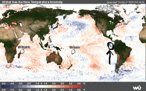 La freccia nera indica il raffreddamento delle acque oceaniche nel tratto antistante le coste del Peru e dell'Ecuador