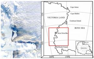 Figura 1 (sinistra) una immagine dei due icebergs catturata dal sensore MODIS a bordo del satellite Terra (destra) una mappa della Terra Vittoria nel settore del Mare di Ross, Est Antartide, con indicazione di Baia Terra Nova e della localizzazione dell'immagine del satellite (quadrato rosso) (fonte: Mark Drinkwater, ESA)