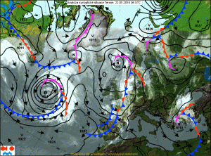 Si nota il profondo ciclone extratropicale localizzato nel bel mezzo dell'Atlantico settentrionale