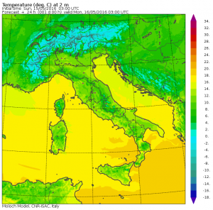 Le temperature minime previste per domani mattina dal modello del CNR "Moloch"