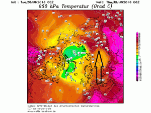 La freccia nera indica l'intensa ondata di calore in azione sulla Siberia
