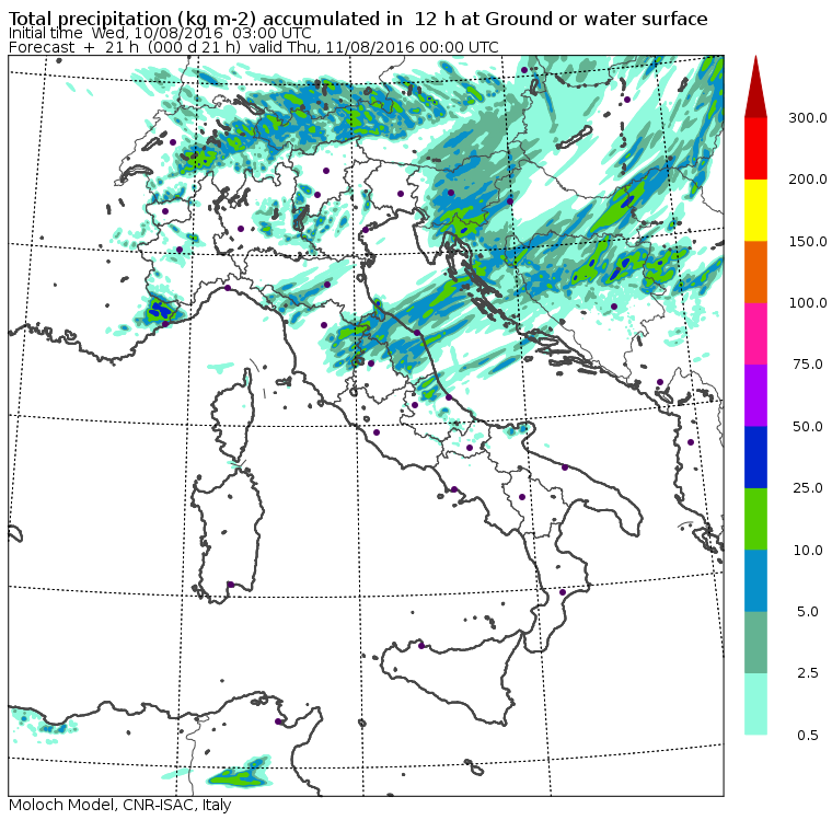 Le piogge previste per oggi dal modello MOLOCH del CNR-ISAC