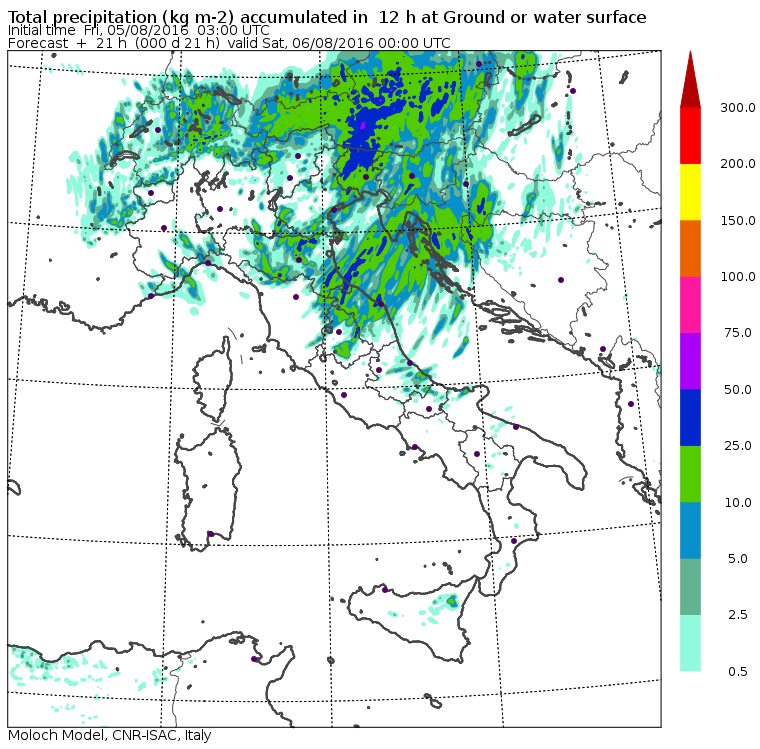 Le piogge previste per oggi dal modello MOLOCH del CNR-ISAC