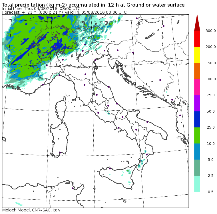 Le piogge previste per stasera dal modello MOLOCH del CNR-ISAC