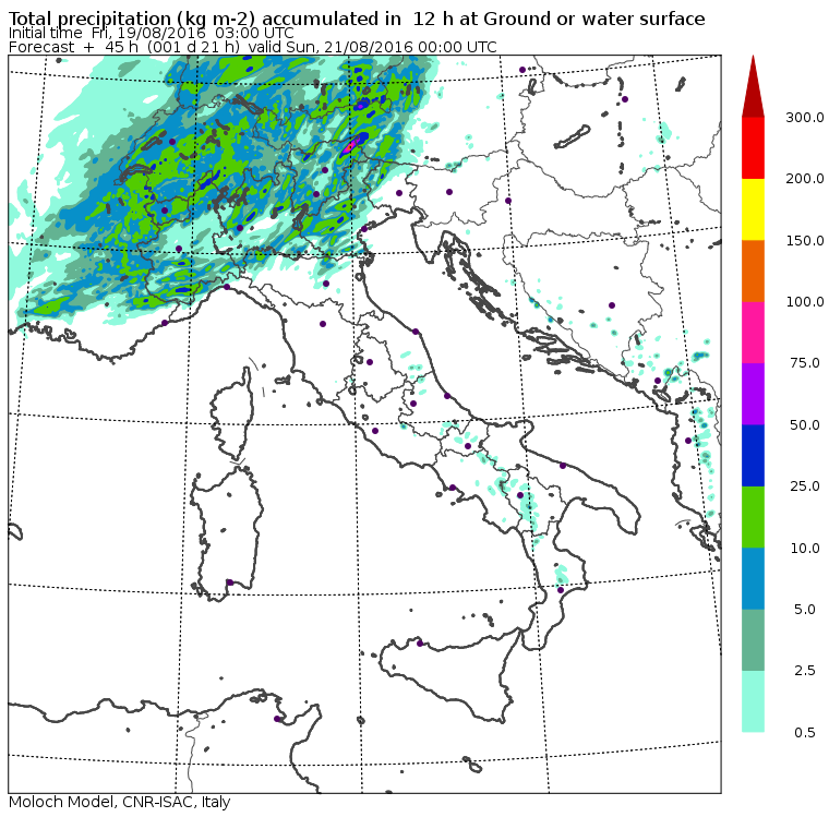 Le piogge previste per il pomeriggio/sera di sabato dal modello Moloch del CNR-ISAC