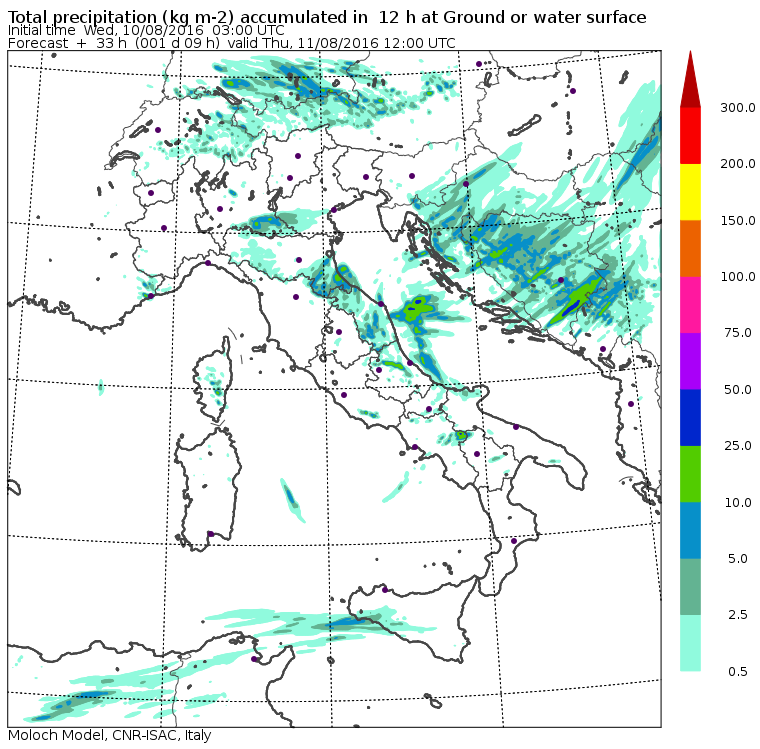Le piogge previste per domani mattina dal modello MOLOCH del CNR-ISAC