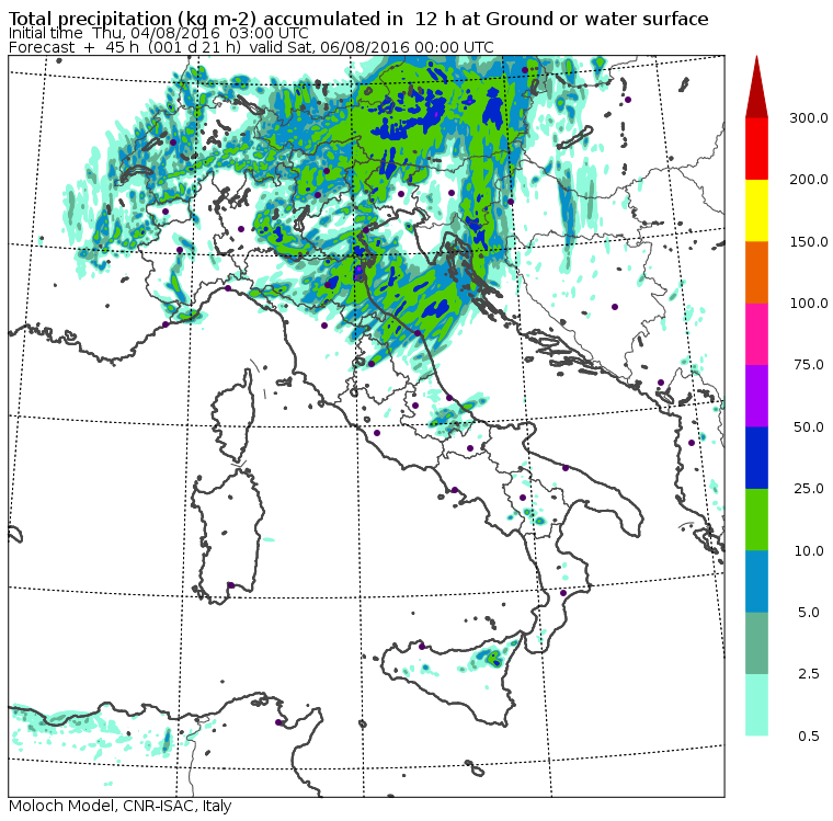 Le piogge previste per domani pomeriggio/sera dal modello MOLOCH del CNR-ISAC
