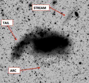 Immagine di DDO 68 con evidenziate le tre strutture ("Tail (Coda)", "Arc (Arco) e "Stream") da cui si deduce il fenomeno di accrescimento da più compagni. L'immagine e' stata ri-scalata in modo tale da evidenziare l' Arco e la Stream a bassa brillanza superficiale. Crediti: Francesca Annibali/INAF