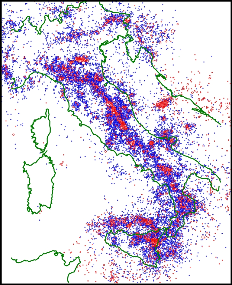 Fig. 4. Distribuzione delle scosse strumentali nell’area italiana (1981-2016) Cerchi rossi ( M ? 3), cerchi blu (2 ? M < 3)