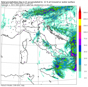 Le precipitazioni previste dal modello Moloch dell'ISAC-CNR per domani mattina