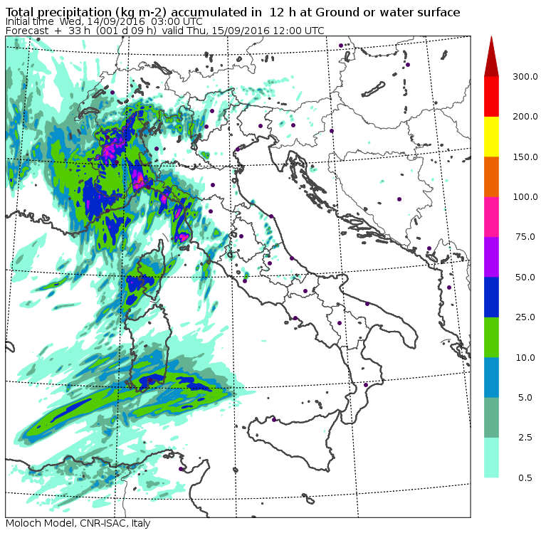 Le previsioni delle piogge per domani mattina - Modello Moloch dell'ISAC-CNR