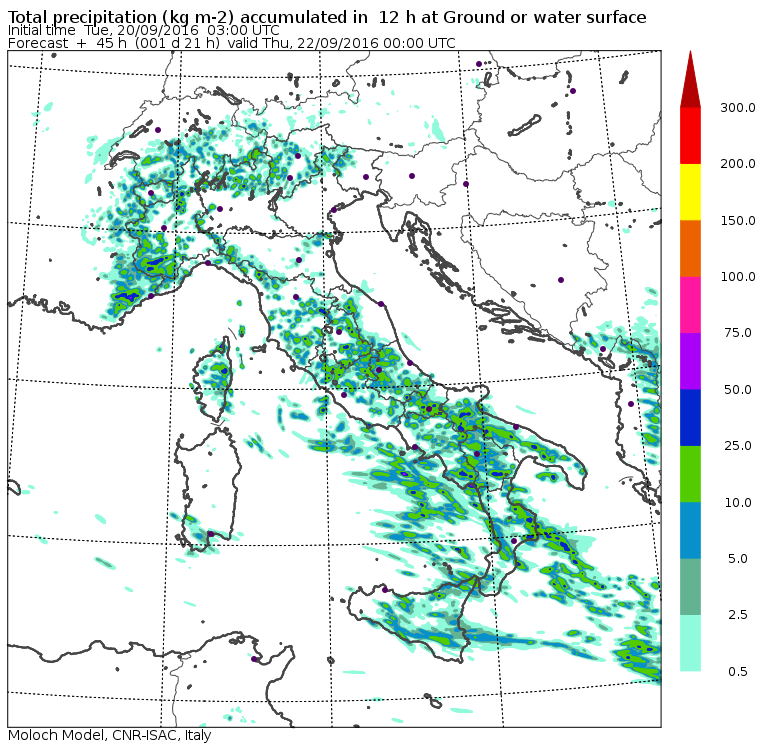 Le piogge previste per domani pomeriggio dal modello Moloch dell'ISAC-CNR