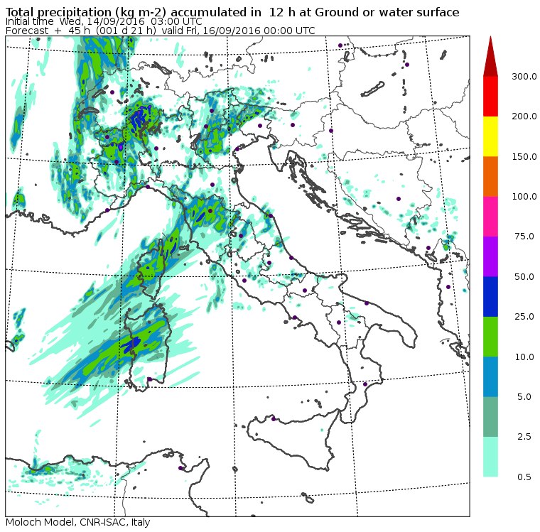 Le previsioni delle piogge per domani pomeriggio/sera - Modello Moloch dell'ISAC-CNR