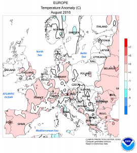 Le anomalie termiche di Agosto in Europa (mappa NOAA)