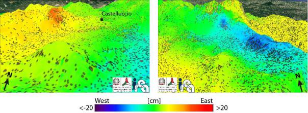 Figura 4: Dettaglio della mappa della componente est-ovest (Figura 2) per due aree interessate da spostamenti localizzati. A sinistra si evidenzia uno spostamento lungo est localizzato su un versante ad ovest dell’abitato di Castelluccio. A destra, invece è indicato il movimento verso ovest del versante ovest del Monte Vettore (si veda anche l’analisi dei dati del satellite COSMO-SkyMed in Figura 5)