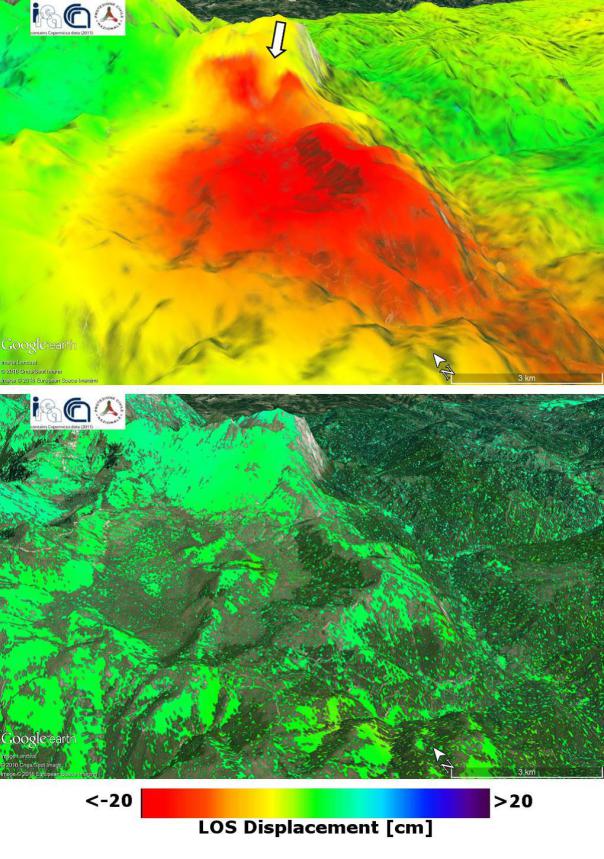 Figura 5: Mappa della deformazione co-sismica (in alto) ottenuta a partire dai dati radar satellitari acquisiti dalla costellazione COSMO-SkyMed, il 20 agosto 2016 (immagine pre-evento) e il 28 agosto 2016 (immagine post-evento). La freccia indica una deformazione localizzata in corrispondenza del fianco del Monte Vettore, probabilmente legata a un fenomeno d’instabilità di versante. In basso è riportata la mappa di deformazione ottenuta da dati CSK acquisiti precedentemente al sisma (coppia interferometrica 03072016CSK-20082016CSK), dove non si notano segnali deformativi significativi