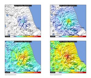 Confronto tra le mappe di scuotimento (in forma semplificata) di quattro diversi terremoti della sequenza sismica in corso in Italia centrale. In particolare, le mappe evidenziano il livello di scuotimento utilizzando colori più caldi (dall’azzurro al rosso intenso) man mano che scuotimento aumenta. La dicitura WEAK-STRONG-SEVERE (debole-forte-severo) definisce il livello di scuotimento (shaking) e consente una rapida valutazione del potenziale impatto dell’evento