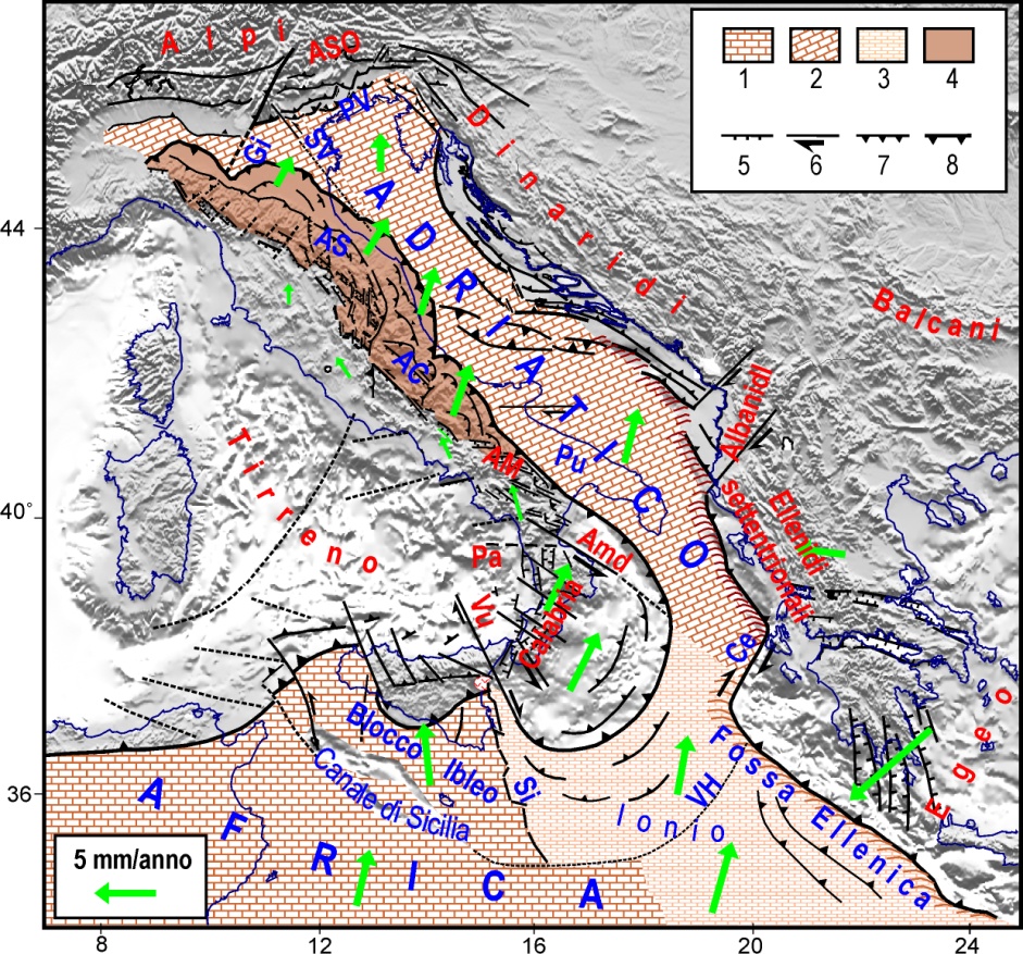 Fig.1. Quadro tettonico/cinematico del Mediterraneo centrale (Mantovani et alii, 2006, 2007a, 2009, Viti et alii, 2006, 2011). 1,2) Domini continentali africano ed adriatico 3) Dominio oceanico ionico 4) Settore esterno della catena appenninica, trascinato e sollecitato dalla placca adriatica 5,6,7) Principali lineamenti tettonici estensionali, trascorrenti e compressionali, 8) Fronte esterno delle catene neogeniche. Le frecce verdi indicano il quadro cinematico rispetto all’Eurasia (Mantovani et alii, 2007a; Viti et alii, 2011). AC=Appennino centrale, AM=Appennino meridionale, Amd=sistema di faglie di Amendolara, AS=Appennino settentrionale, ASO=Alpi sud-orientali, Ce=faglia di Cefalonia, Gi=faglia delle Giudicarie, Pa=faglia di Palinuro, Pu=Puglia, PV=pianura veneta, Si=sistema di faglie di Siracusa, SV=faglia Schio-Vicenza, VH=discontinuità tettonica Victor Hensen, Vu=sistema di faglie di Vulcano.