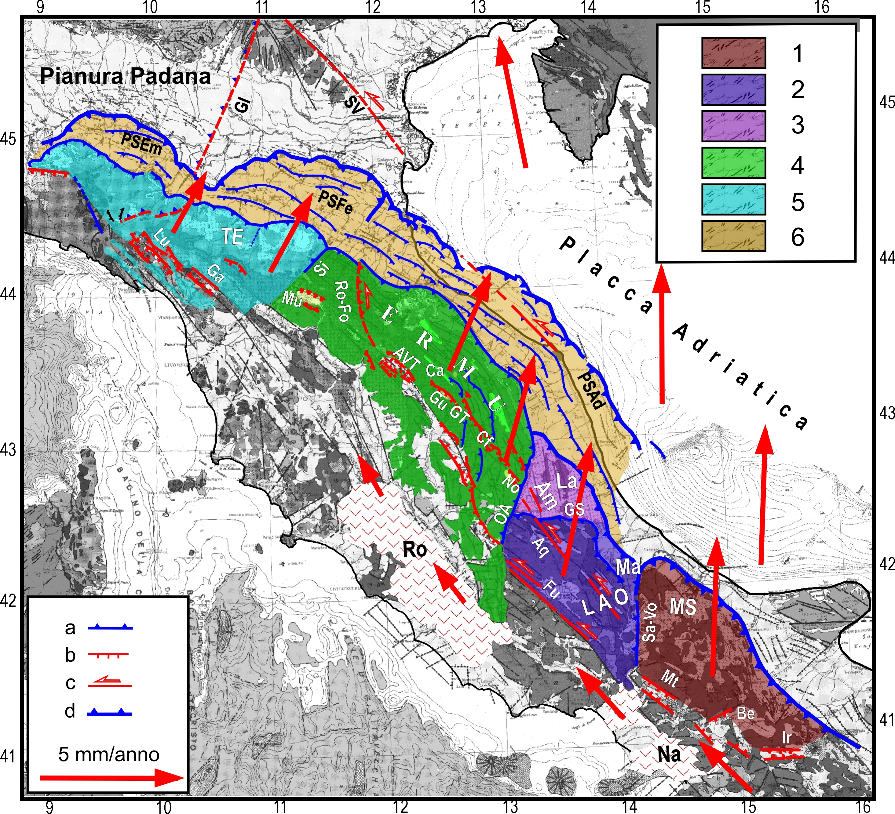 Fig.3. Cunei orogenici che formano il settore esterno mobile della catena appenninica: 1) Molise-Sannio (MS), 2) Parte orientale della Piattaforma laziale-abruzzese (LAO), 3) Unità della Laga (La), 4) Romagna-Marche-Umbria (RMU), 5) Toscana-Emilia (TE), 6) Sistemi esterni di pieghe e sovrascorrimenti sepolti. Il settore esterno del cuneo RMU (ERMU) è delimitato dai sistemi di faglie Norcia-Colfiorito-GualdoTadino-Gubbio (No-Cf-GT-Gu) e Romagna-Forlì (Ro-Fo). a,b,c) Principali lineamenti tettonici compressionali, estensionali e trascorrenti d) Fronte esterno della catena. Le frecce indicano la cinematica a lungo termine di Adria e dei cunei appenninici che è ritenuta più compatibile con le deformazioni quaternarie osservate (e.g., Viti et alii, 2006; Mantovani et alii, 2009). Am= Amatrice, Aq=L’Aquila, AVT=Alta Valtiberina, Be=Beneventano, Ca=Cagli, Fu=Fucino, Ga= Garfagnana, GS= Gran Sasso, Ir=Irpinia, Lu=Lunigiana, Ma=Maiella, Mt=Matese, Mu=Mugello, OA=Olevano-Antrodoco, PSAd=Pieghe adriatiche sepolte, PSEm=Pieghe emiliane sepolte; PSFe=Pieghe ferraresi sepolte; Ro,Ne=vulcanismo romano e napoletano; Sa-Vo= Sangro-Volturno, Si= Sillaro. Altri simboli e sigle come indicato in figura 1.