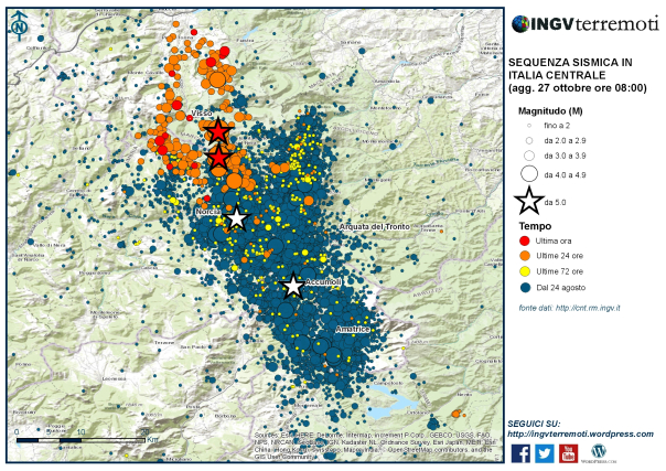 La mappa della sequenza sismica dal 24 agosto 2016 al 27 ottobre 2016 (ore 8.00). Le stelle bianche sono i due eventi di magnitudo 6.0 e 5.4 del 24 agosto. Le due stelle rosse sono i terremoti avvenuti ieri, 26 ottobre, di magnitudo ML 5.4 alle ore 19.10 (stella più a sud) e di magnitudo 5.9 alle ore 21.18 (la stella più a nord)