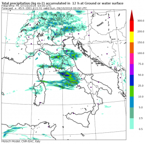 Le piogge previste dal modello Moloch dell'ISAC-CNR per sabato sera