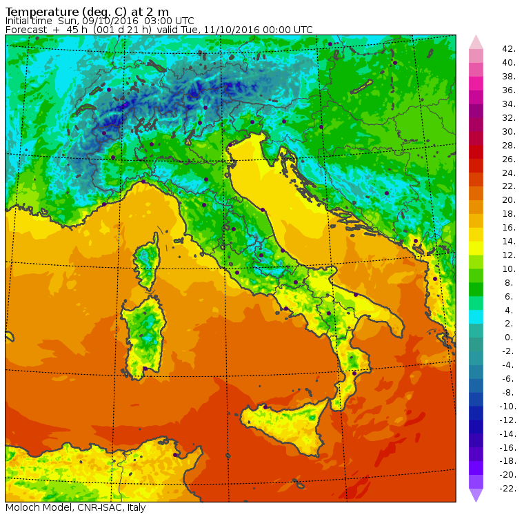 Le temperature previste per la notte tra Lunedì 10 e Martedì 11 Ottobre in Italia secondo il modello Moloch dell'ISAC-CNR