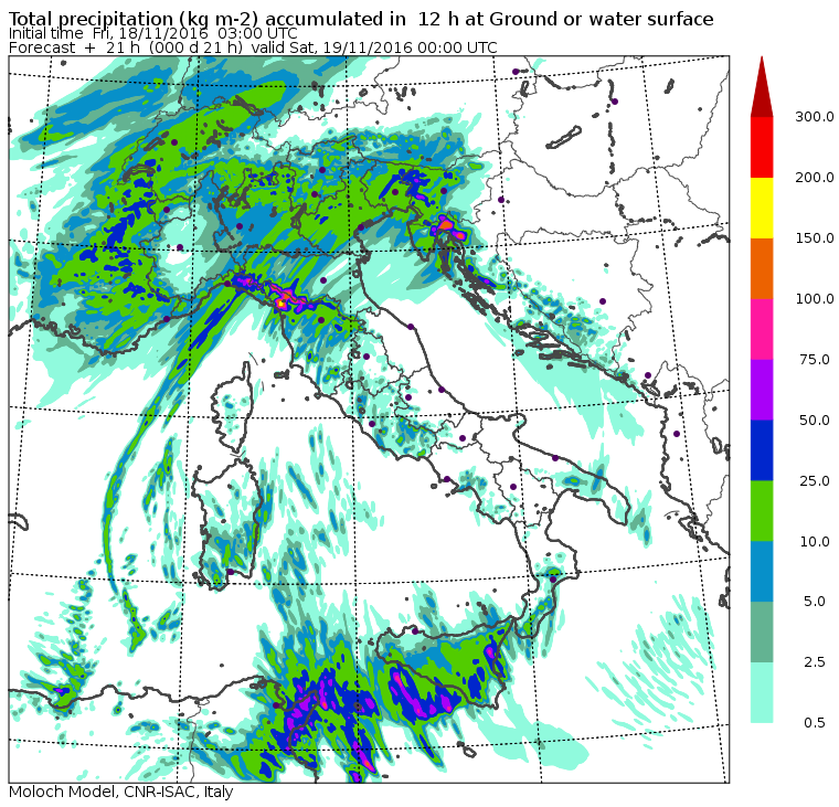 Le piogge previste per stasera dal modello Moloch dell'ISAC-CNR