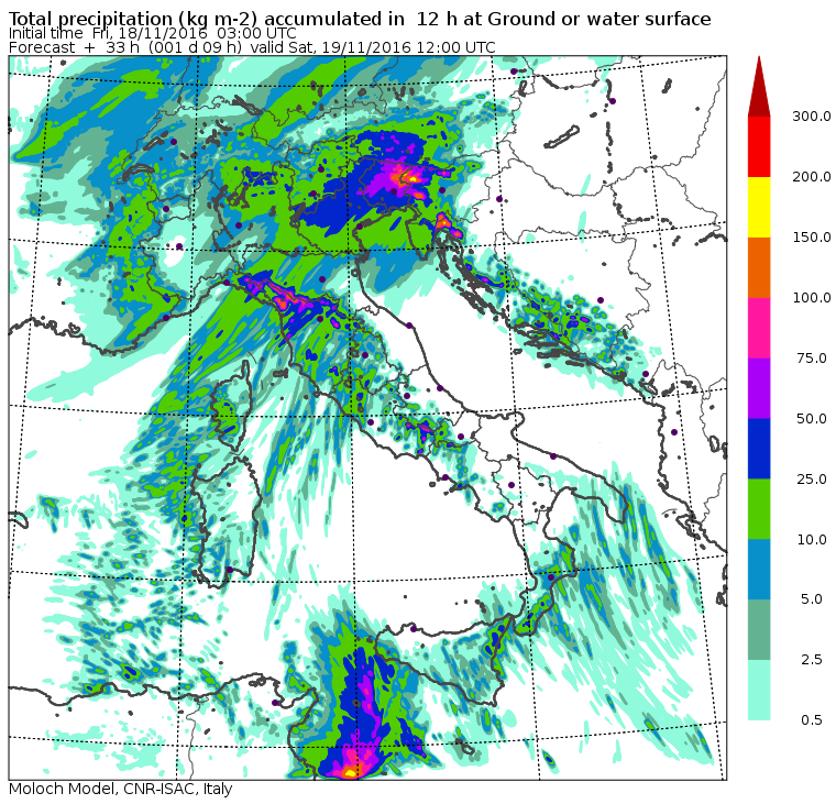 Le piogge previste per domani mattina dal modello Moloch dell'ISAC-CNR