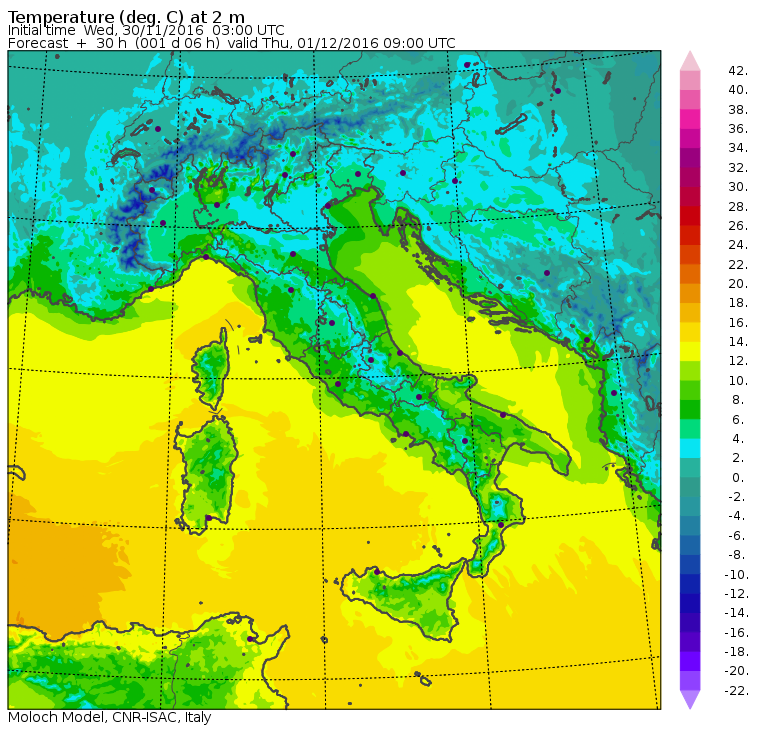 Le temperature previste al suolo per domani mattina - Mappa MOLOCH CNR