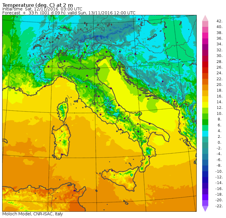Le temperature massime previste per domani, Domenica 13 Novembre (modello Moloch dell'ISAC-CNR)