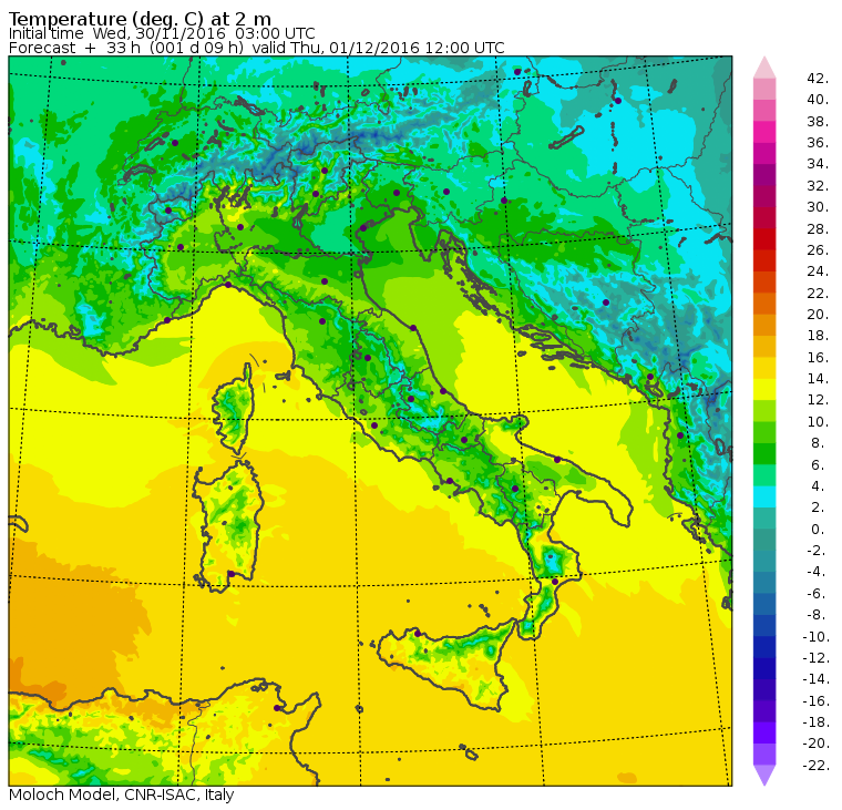 Le temperature previste al suolo per le ore centrali della giornata di domani - Mappa MOLOCH CNR