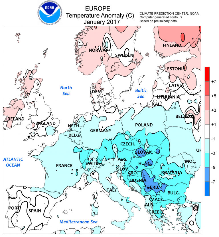 Le anomalie termiche di Gennaio 2017 in Europa