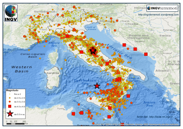La mappa della sismicità registrata dalla Rete Sismica Nazionale dell’INGV nel 2016