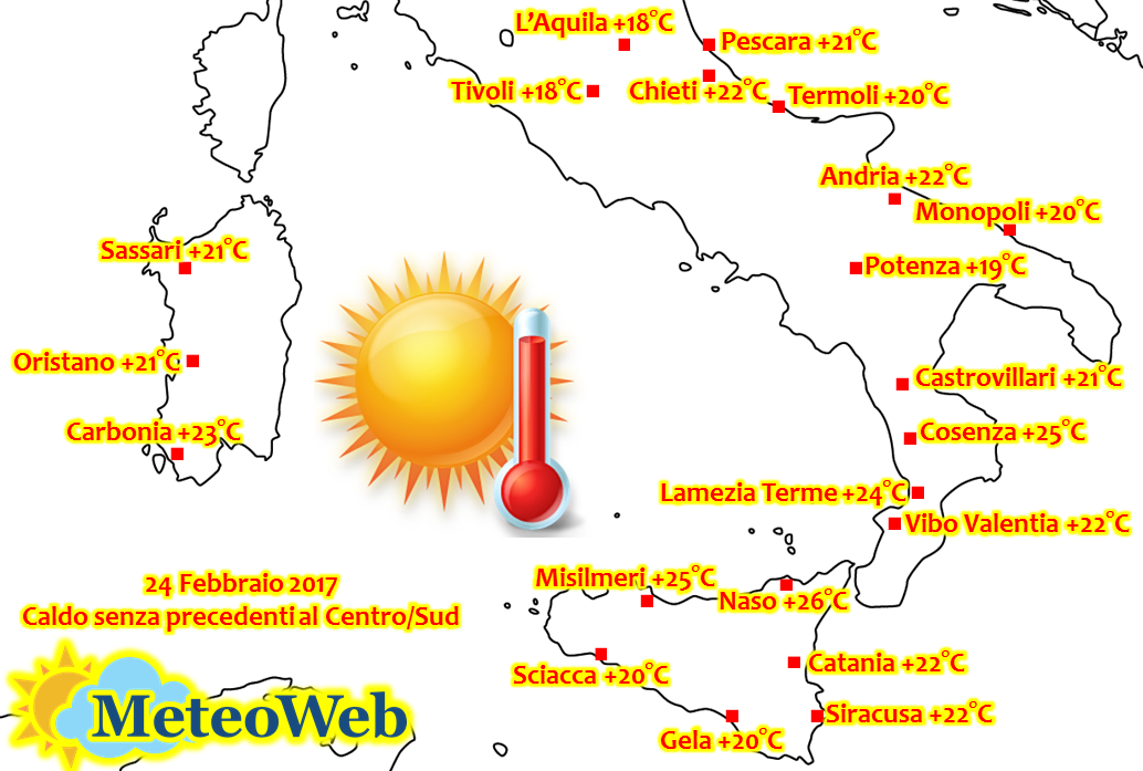 Temperature Caldo Venerdì 24 Febbraio 2017