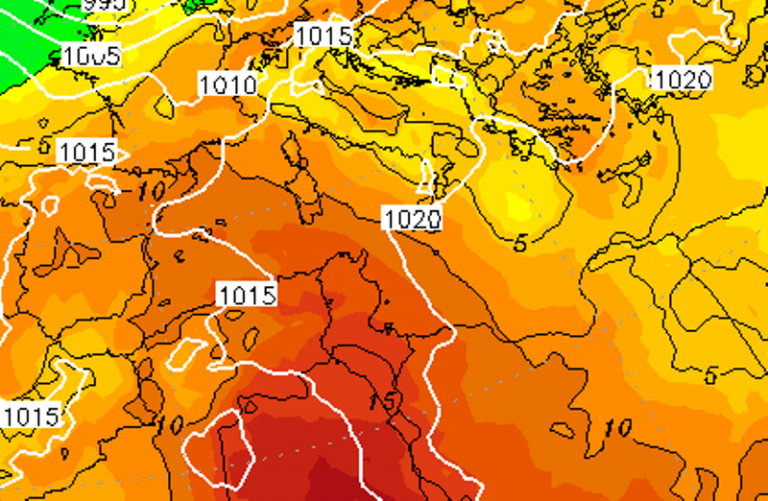 Le temperature ad 850hPa (1.500 metri di quota) previste da ECMWF per le ore 13:00 di Giovedì 23 Febbraio