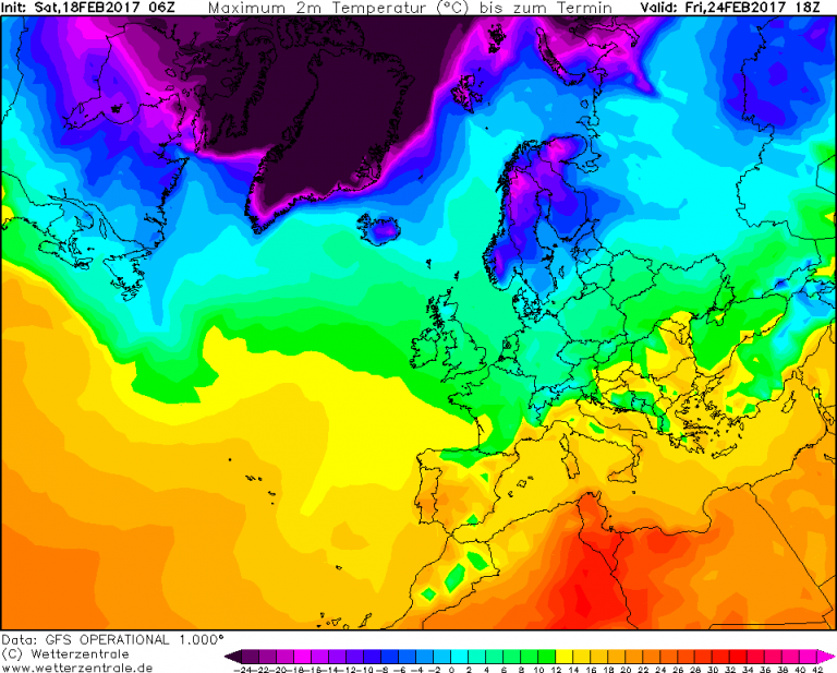 Le temperature massime previste in Europa per Venerdì 24 Febbraio