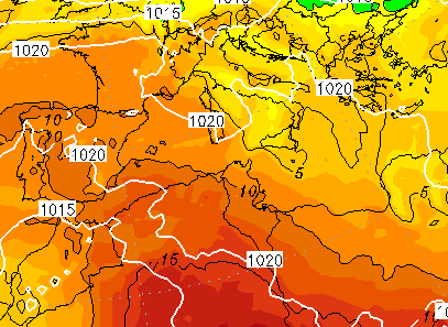 Le temperature ad 850hPa (1.500 metri di quota) previste da ECMWF per le ore 13:00 di Mercoledì 22 Febbraio