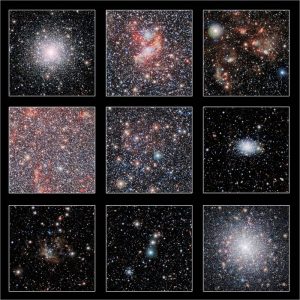 Questa raccolta mette in evidenza alcune zone di cielo dell'enorme immagine infrarossa della nostra vicina di casa, la Piccola Nube di Magellano, ottenuta con il telescopio VISTA all'Osservatorio del Paranal dell'ESO. Il pannello più in basso ritrae l'ammasso globulare 47 Tucanae, che si trova molto più vicino alla Terra della Piccola Nube di Magellano. Credit: ESO/VISTA VMC