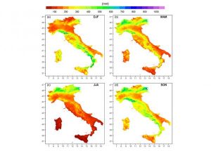 Mappa dei valori medi di precipitazione stagionale (a. inverno, b. primavera, c.estate, d.autunno) per il periodo 1961-1990 in Italia ottenute con il