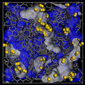 Figura 3. Modello molecolare del polimero (grigio) con molecole di gas (giallo) all’interno dei micropori (grigio chiaro)