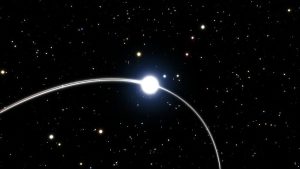 Questa rappresentazione artistica mostra parte dell'orbita di una delle stelle molto vicine al buco nero supermassiccio al centro della Via Lattea. L'analisi dei dati del VLT (Very Large Telescope) dell'ESO e di altri telescopi hanno rivelato che le orbite di queste stelle mostrano i quasi impercettibili effetti previsti dalla teoria di Einstein della relatività generale. L'orbita della stella nota come S2 devia leggermente dal percorso calcolato con la fisica classica. Questo primo piano dell'orbita della stella S2 mostra come il cammino percorso dalla stella sia leggermente diverso, a causa degli effetti della relatività generale, quando ha percorso la stessa parte dell'orbita la seconda volta, 15 anni dopo. Crediti: ESO/M. Parsa/L. Calçada